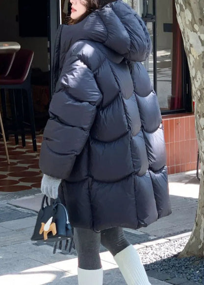 Black Pockets Drawstring Duck Down Winter Puffer Coat Hooded