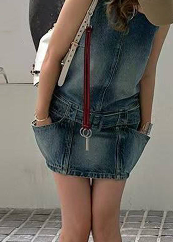 Blue O-neck Patchwork Sashes Denim Mid Dress Sleeveless