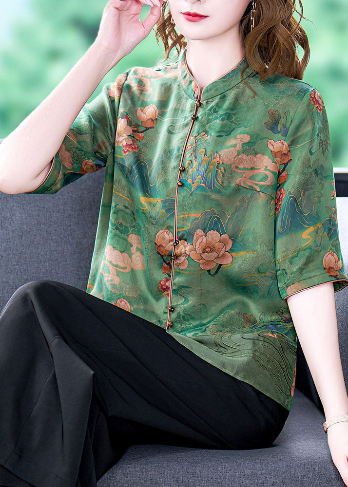 Green Stand Collar Embroideried Print Button Silk Blouse Tops Half Sleeve