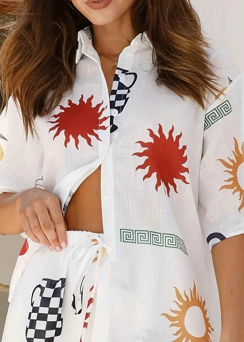 White Printed Shirt and Shorts Collar Set for
