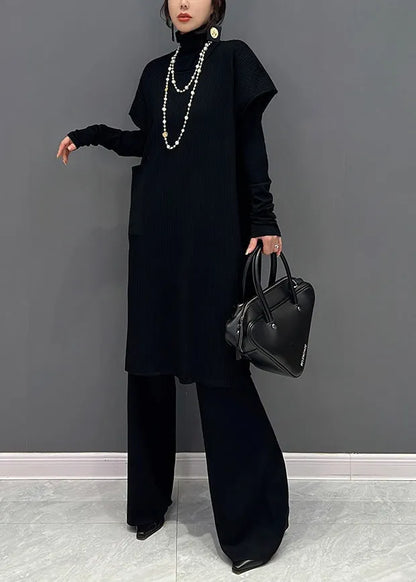 Black Turtleneck Knit Waistcoat and Pants Two Piece Set Winter