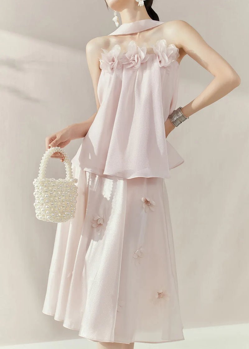 French Pink Patchwork Topand Maxi Skirts Two Piece Set Sleeveless