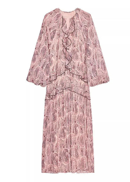 Pink V Neck Print Ruffled Chiffon Dresses Fall
