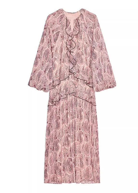 Pink V Neck Print Ruffled Chiffon Dresses Fall