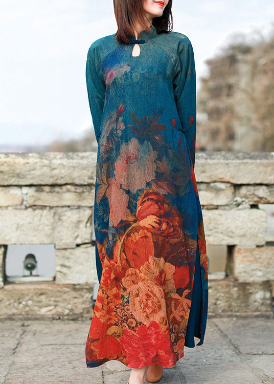 Chinese Style Mandarin Collar Side Open Print Dresses Long Sleeve