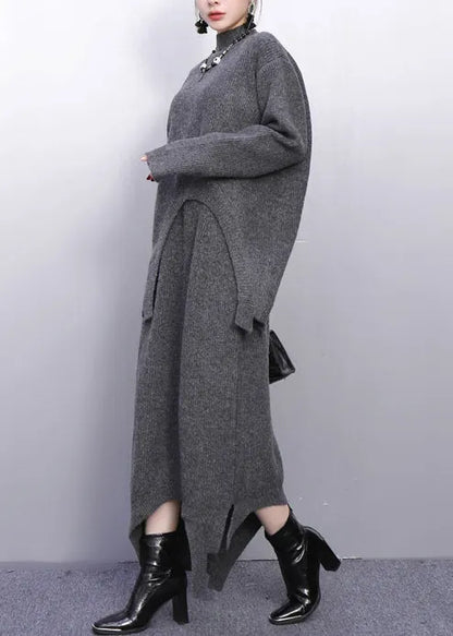 Grey High Neck Side Open Knit Two Pieces Set Winter