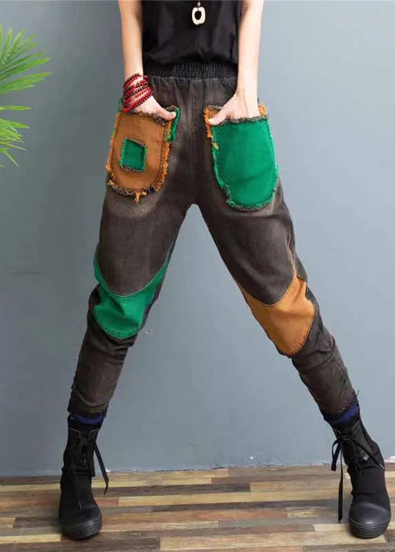 New Elastic Waist Patchwork Warm Fleece Denim Pants Spring