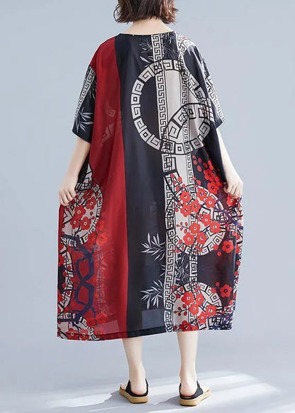 French O Neck Spring Tunics for Red Print Long Dress