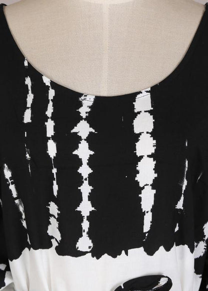 French Black White Tie Dye Cold Shoulder Kimono Robe Cotton Dress
