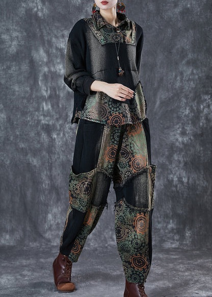 Black Tie Dye Patchwork Print Denim Two Pieces Set Fall