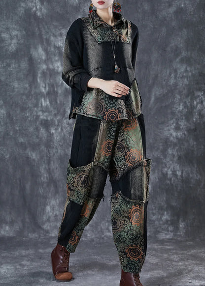 Black Tie Dye Patchwork Print Denim Two Pieces Set Fall