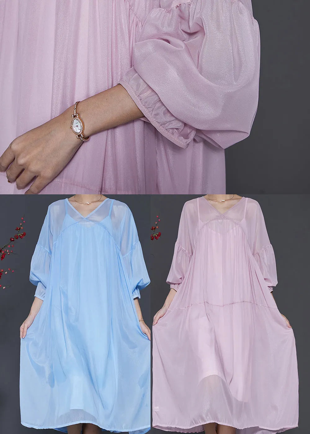 Lake Blue Draping Chiffon Dress Two Piece Set Lantern Sleeve