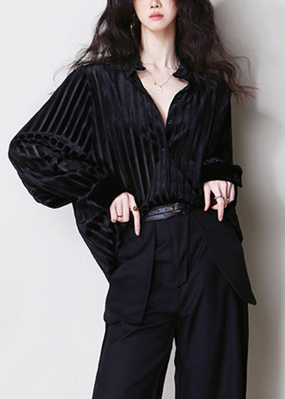 Striped Black Hollow Out Button Silk Velour Shirt Tops Fall