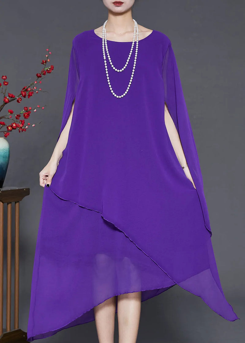 Purple Draping Chiffon Long Dresses Asymmetrical Cloak Sleeves