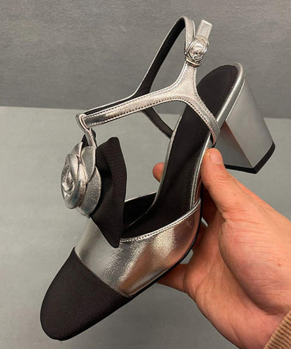 Simple Splicing Chunky Heel Sandals Silver Cowhide Leather
