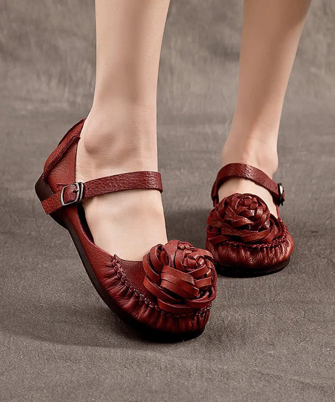 Mulberry Cowhide Leather Splicing Flower Buckle Strap Flats Shoes