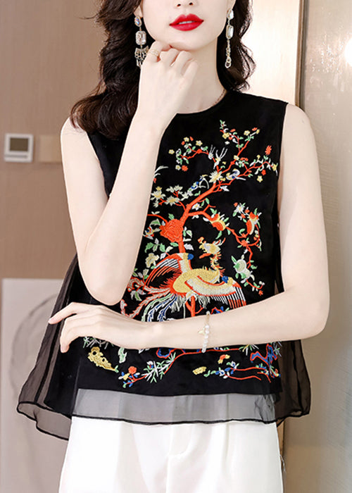 Loose Black O-neck Embroidered Tulle Tank Sleeveless
