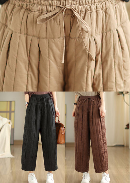 Coffee Cinched Pockets Patchwork Fine Cotton Filled Pants Winter