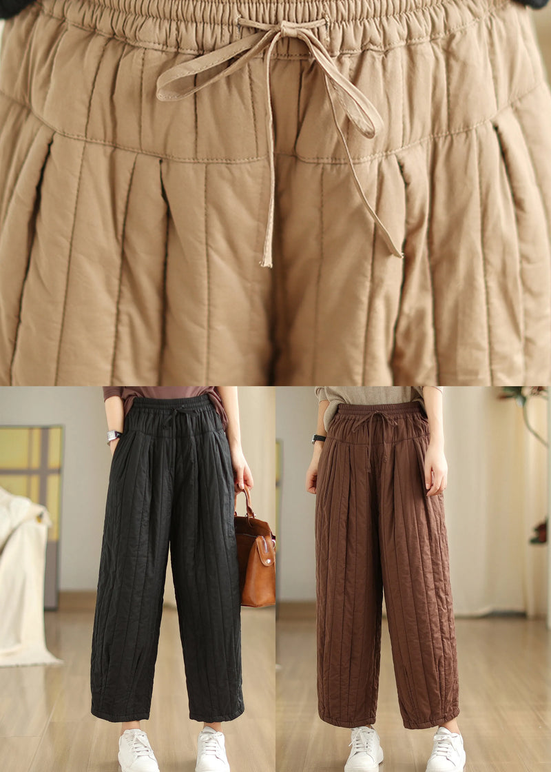 Khaki Pockets Fine Cotton Filled Pants Elastic Waist Winter