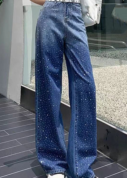 Blue Pockets Patchwork Zircon Straight Jeans