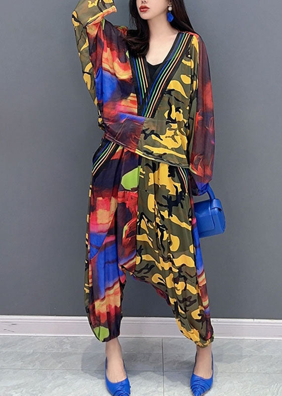 Organic Yellow Camouflage V Neck Asymmetrical Print Top and Harem Pants Two Piece Set Fall