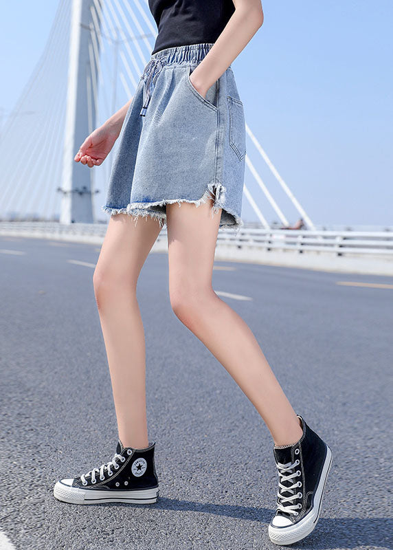 Light Blue Elastic Waist Drawstring Asymmetrical Pockets Cotton Denim Short Pants Summer