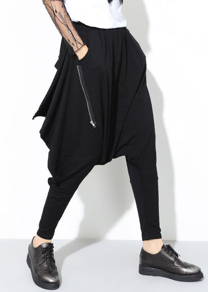 Black Patchwork Pockets Zippered Fall Harem Pants