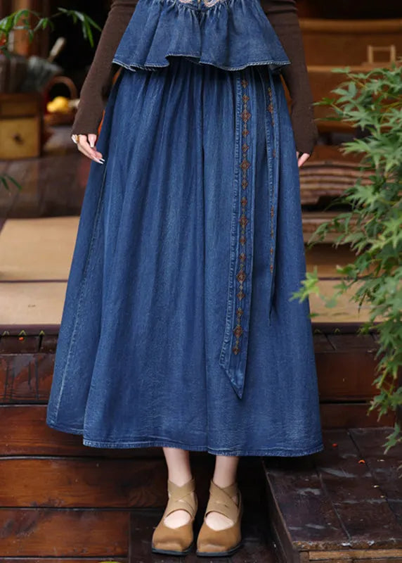 Blue Patchwork Embroidered Tassel Elastic Waist a Line Denim Skirt