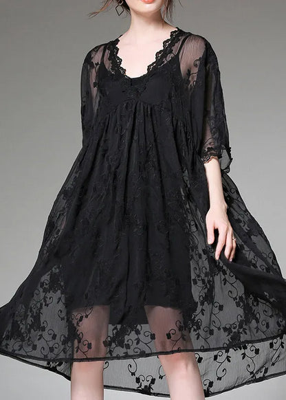 Handmade Black Embroideried Patchwork Tulle Two-piece Set Dress Summer