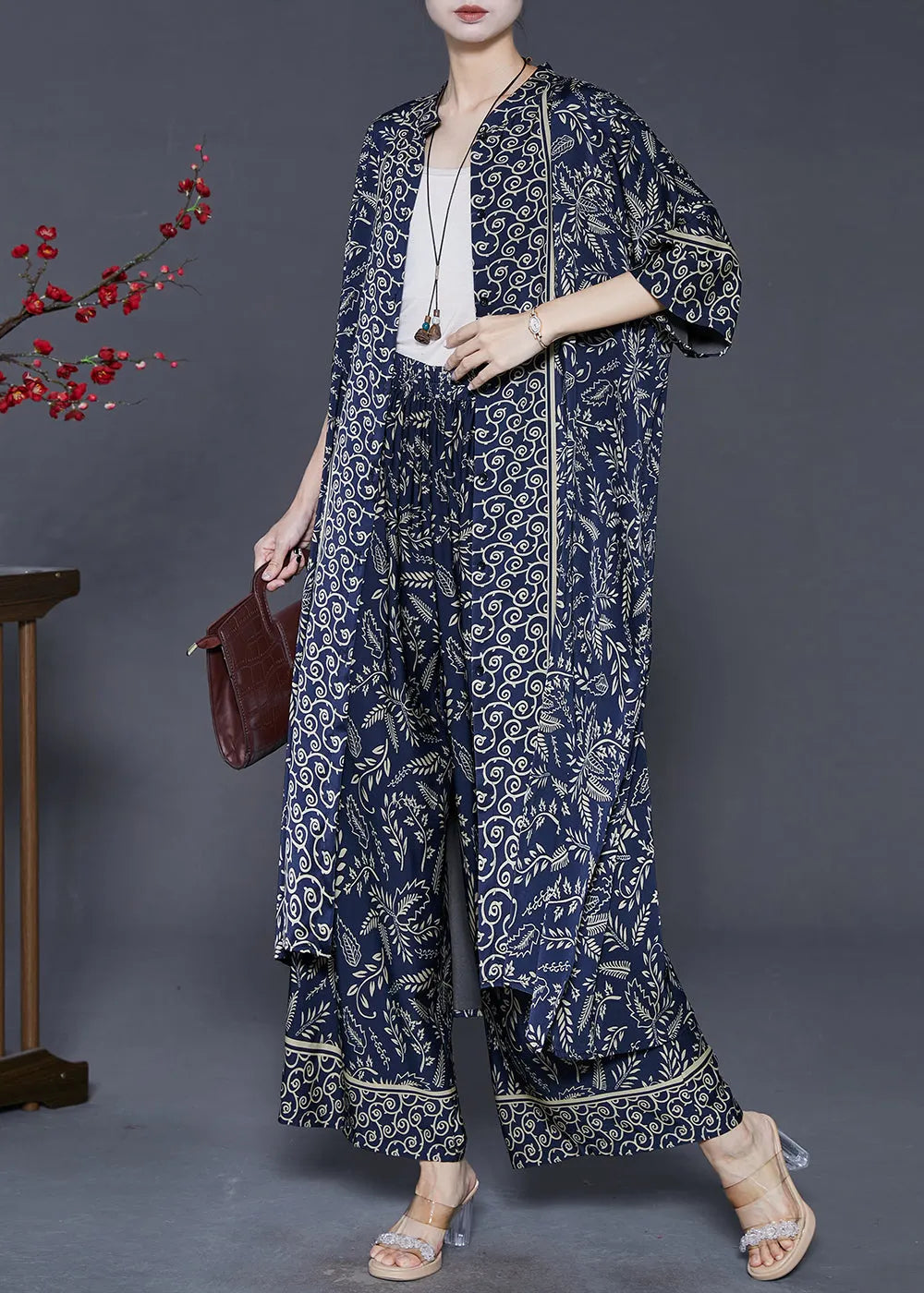 Navy Print Silk Two Piece Set Clothing Oversized Summer