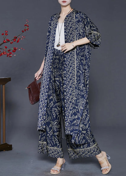 Navy Print Silk Two Piece Set Clothing Oversized Summer