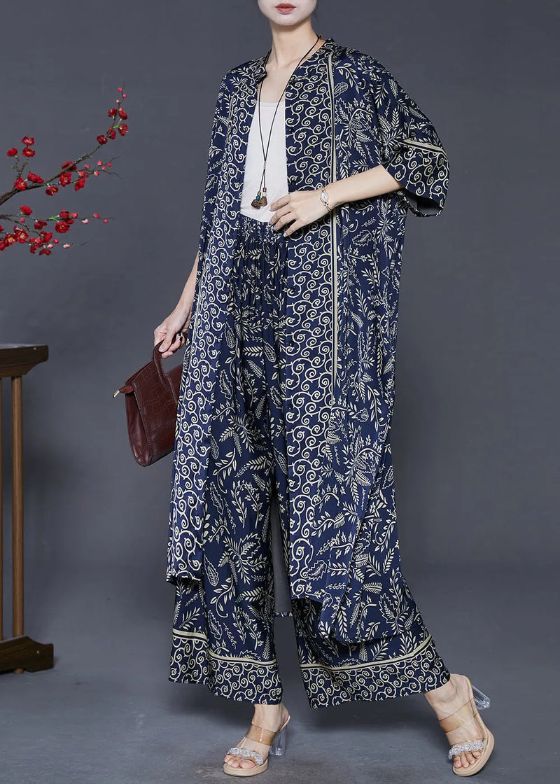 Navy Print Silk Two Piece Set Clothing Oversized Summer