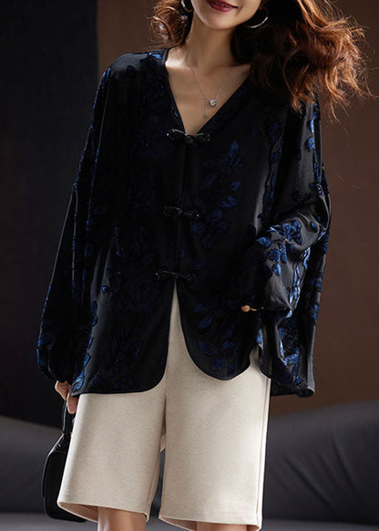 Black V Neck Embroideried Velour Shirt Fall