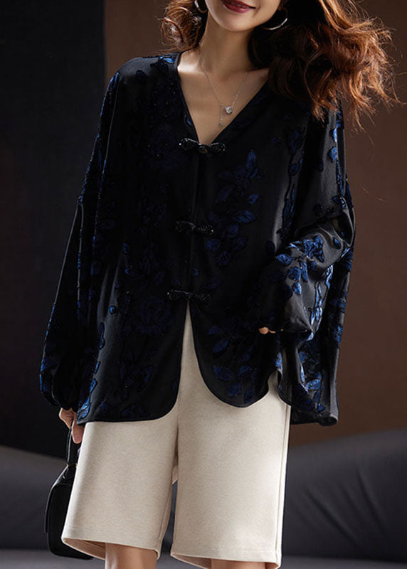 Black V Neck Embroideried Velour Shirt Fall