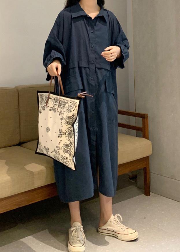 Handmade Lapel Pockets Spring Outfit Wardrobes Blue Dress