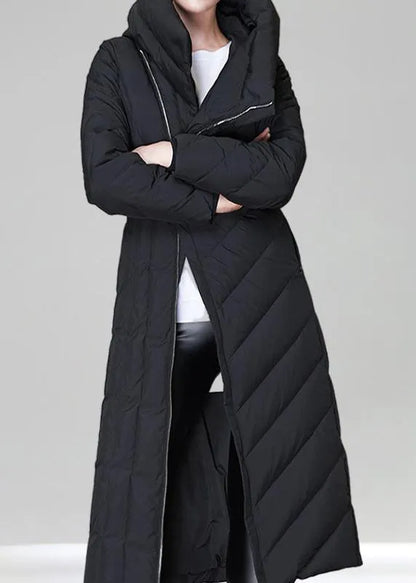 Italian Black Hooded Zippered Tie Waist Duck Down Down Coat Long Sleeve