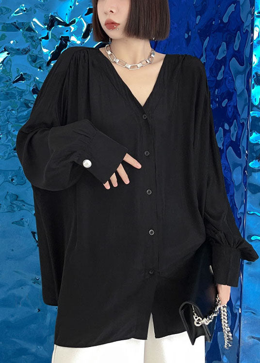 Organic Black V Neck Loose Button Fall Long Sleeve Shirt