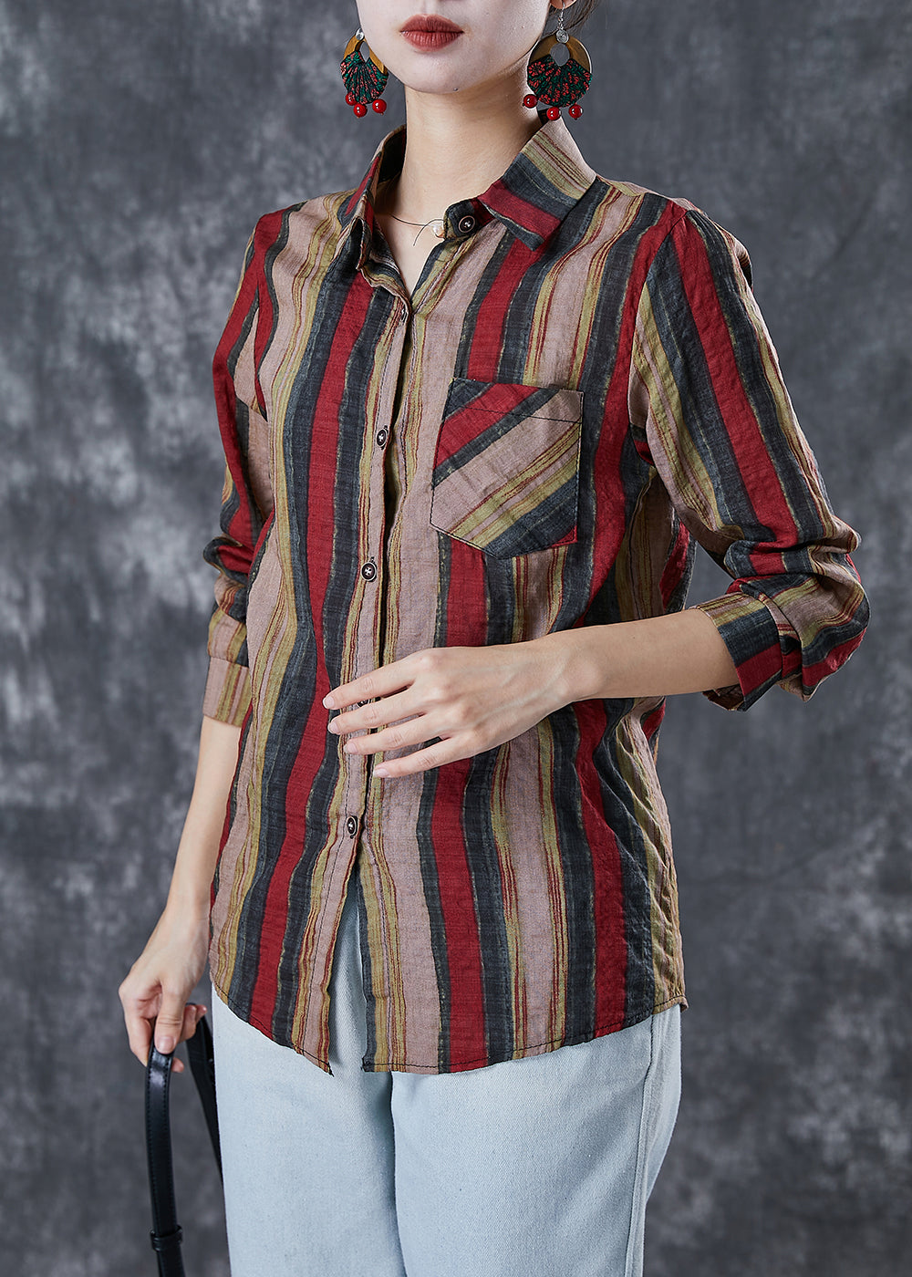Red Peter Pan Collar Striped Linen Shirt Top Fall