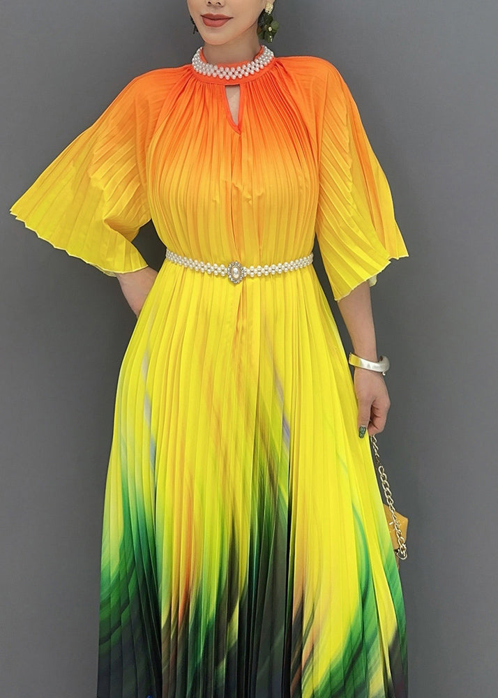 Summer Orange Yellow Color Blocked Long Pleated Dress