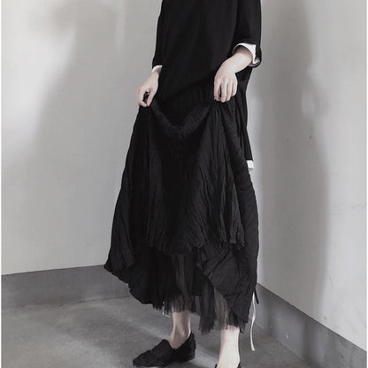 Black Pleated Double Layer Design With Elastic Waist Skirt on Both Sides
