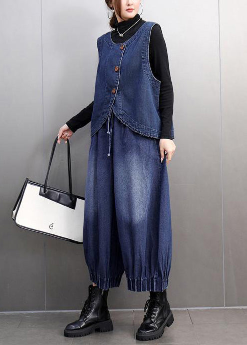 Navy Oversized Denim Vests and Harem Pants Two Pieces Set Summer