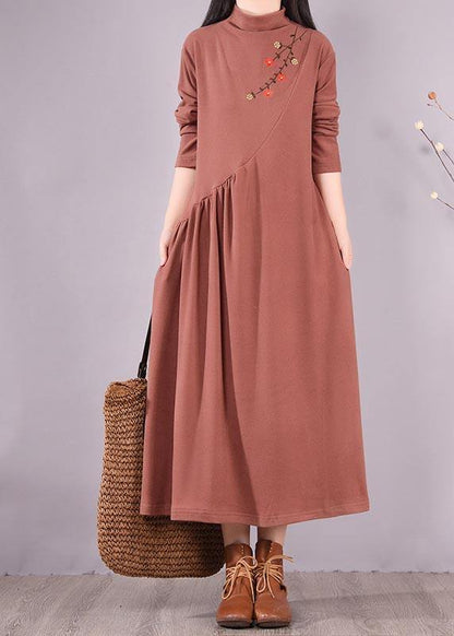 Natural High Neck Cinched Spring Tunic Fabrics Brown Embroidery a Line Dress
