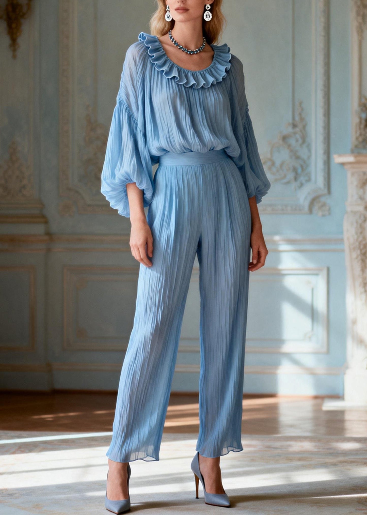 Italian Blue O-neck Ruffled Patchwork Silk Two-piece Set Summer