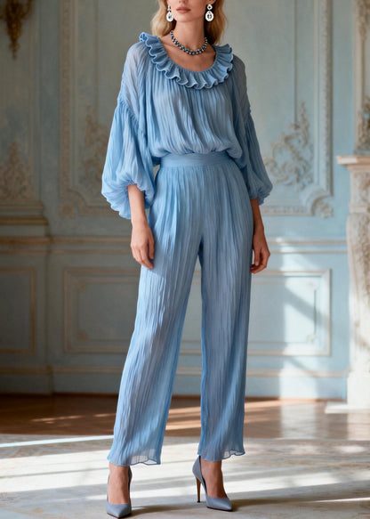 Italian Blue O-neck Ruffled Patchwork Silk Two-piece Set Summer