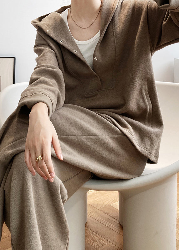 Loose Grey Hooded Tops and Pants Cotton Two Pieces Set Fall