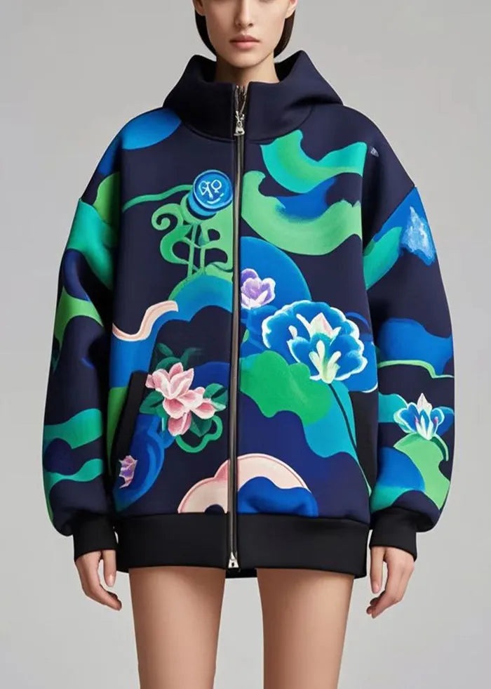 Navy Oversized Print Cotton Hoodie Coat Fall
