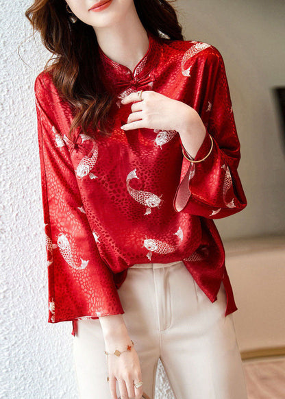 Red Stand Collar Print Silk Blouse Tops Flare Sleeve