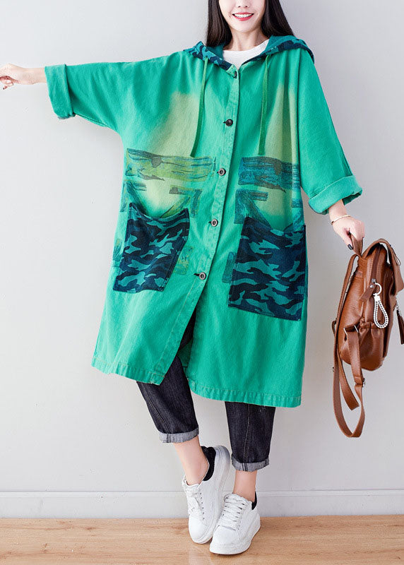 Green Hooded Print Cotton Hoodie Coat Spring