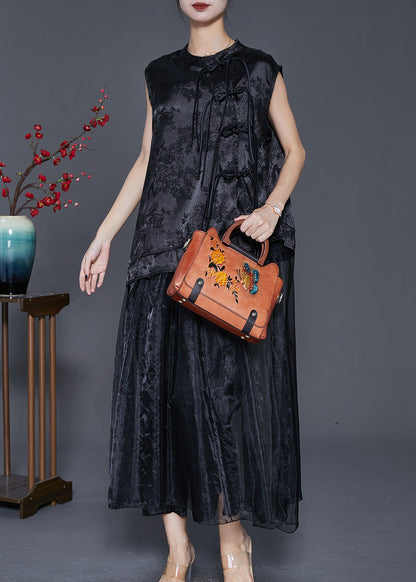 Black Asymmetrical Jacquard Silk Two Piece Set Fall