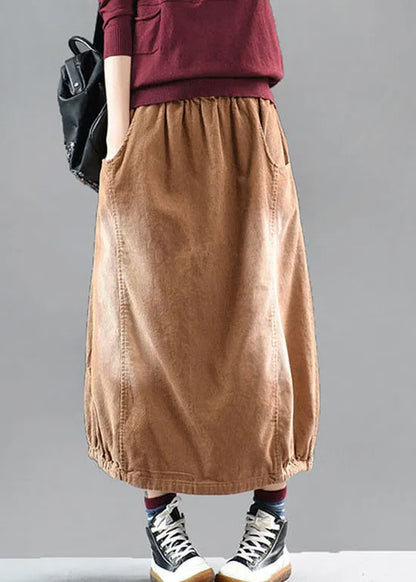 Brown Elastic Waist Corduroy Cotton Skirt Spring